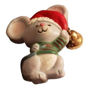 Vintage Hallmark Christmas Plastic Santa Mouse with Bell Brooch Pin
